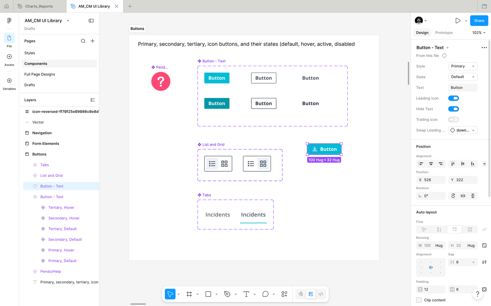 Button component showing all states — default, hover, active, disabled