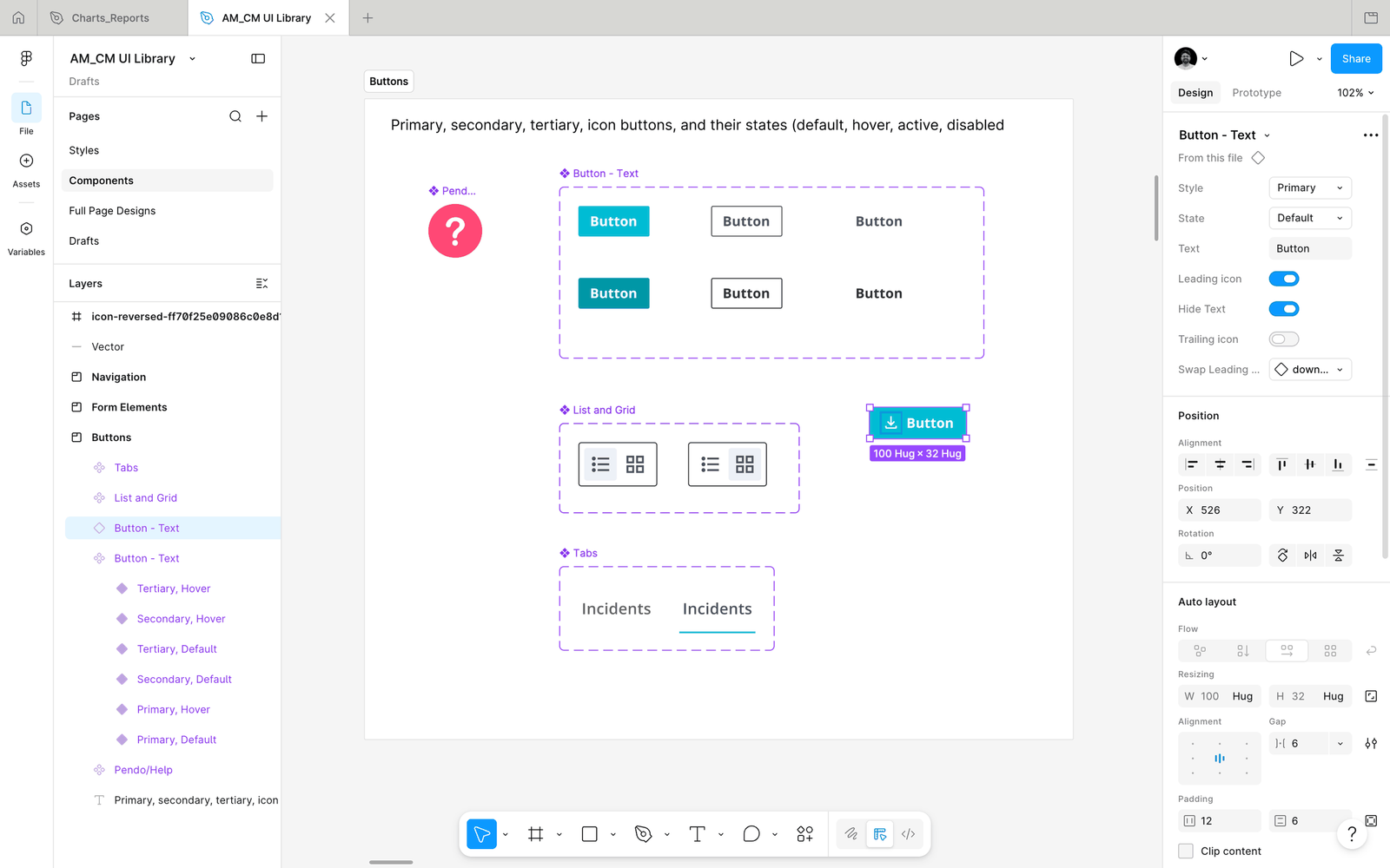 Button component showing all states — default, hover, active, disabled