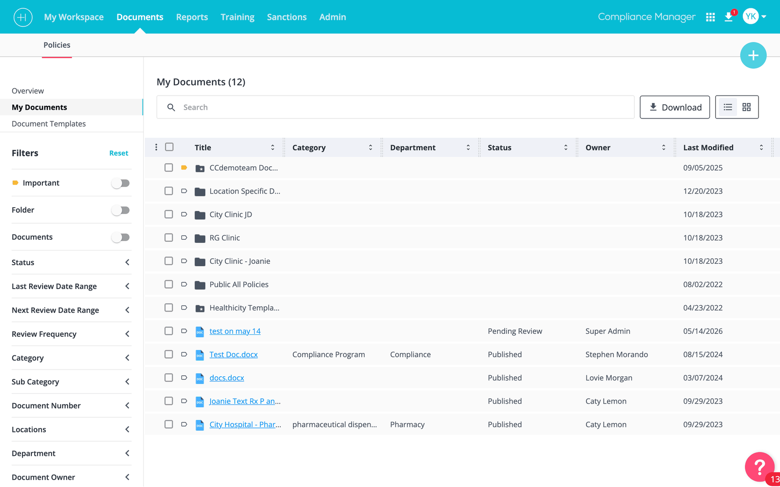Documents list view for bulk management