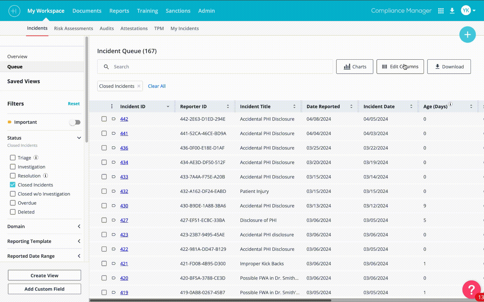 Edit Columns panel — users show, hide, and reorder columns