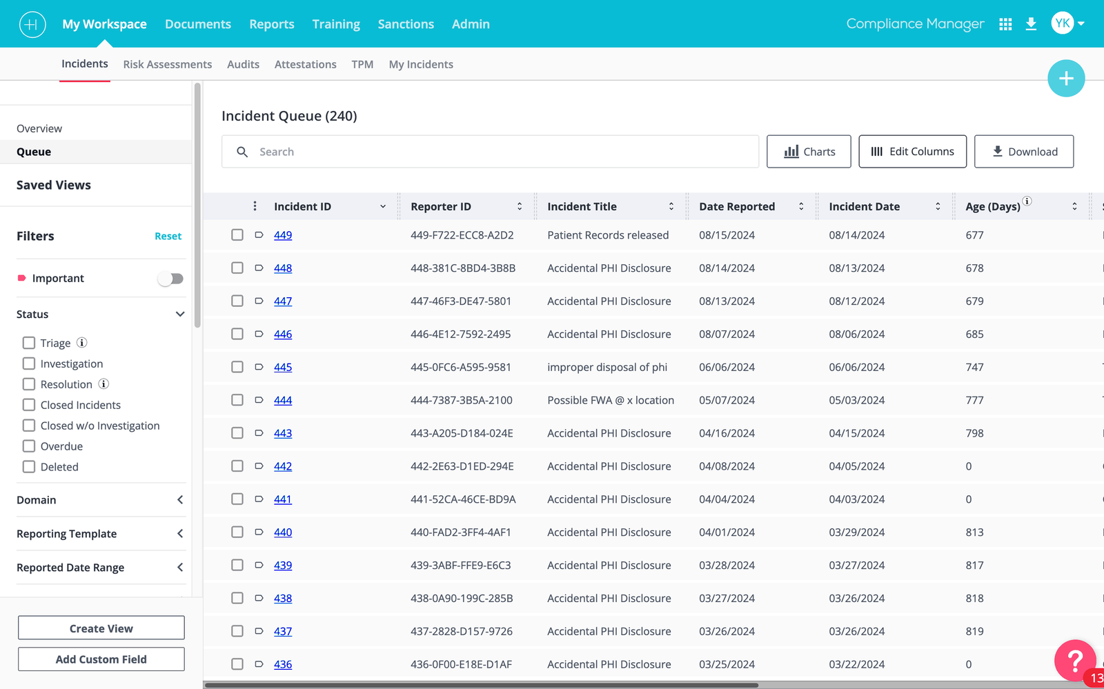 Left-side filter panel — persistent and visible without obscuring table content