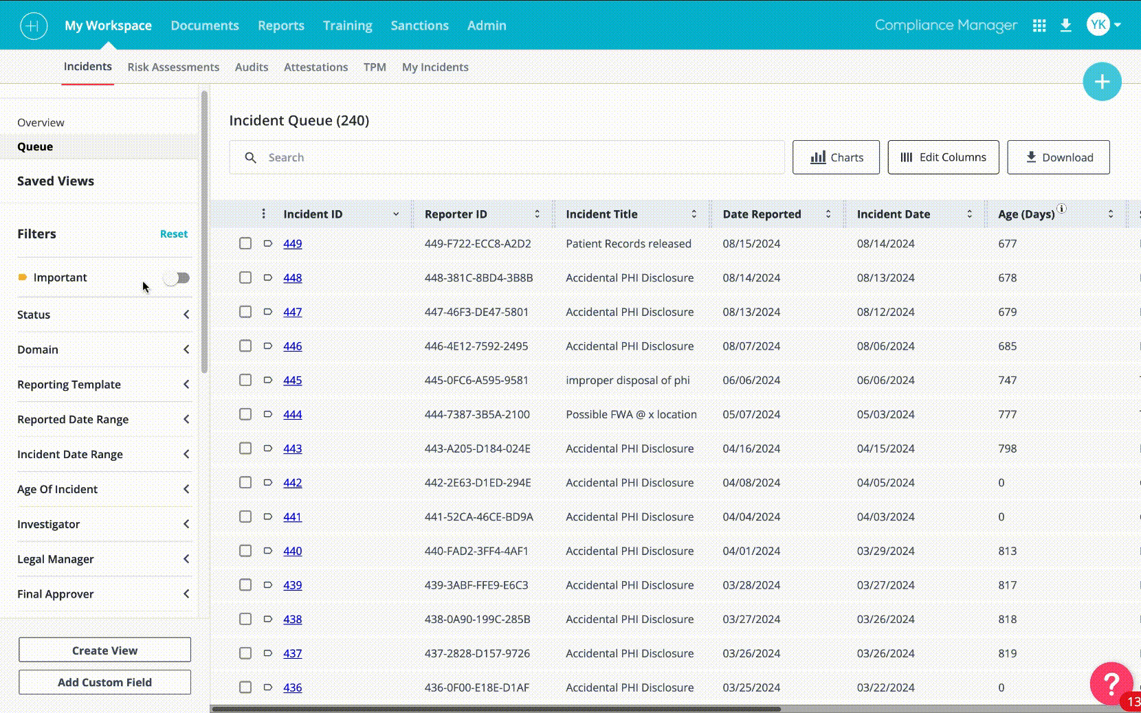 Compliance Manager redesigned table experience with real-time filters, saved views, and inline analytics