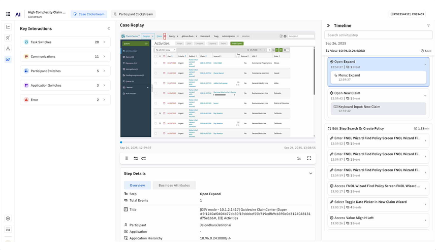Skan.ai's Case Clickstream view, in the same Clickstream feature area as Participant Clickstream, showing a timeline of event labels that truncate into an ellipsis and a step detail panel displaying a raw IP address and port instead of business context.